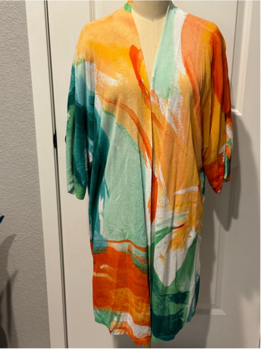 Women's Chico's 3/XL Orange Green watercolor print open front Cardigan